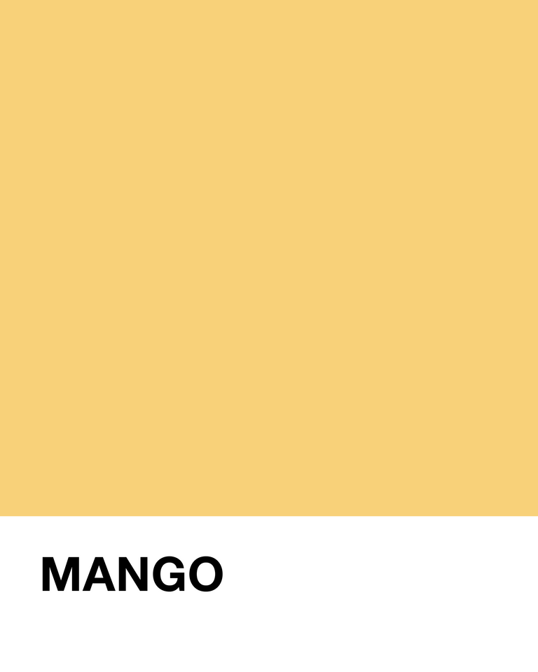 Solid color swatch with the word 'Mango' on a yellow background