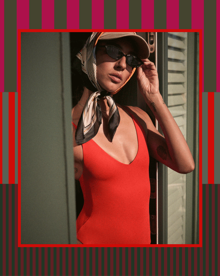 Woman in Sunday suit in Sweet Chili Heat and Weekender suit in Palm