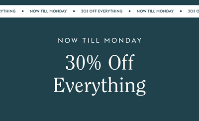 Promotional banner with '30% Off Everything' til monday offer on a dark blue background
