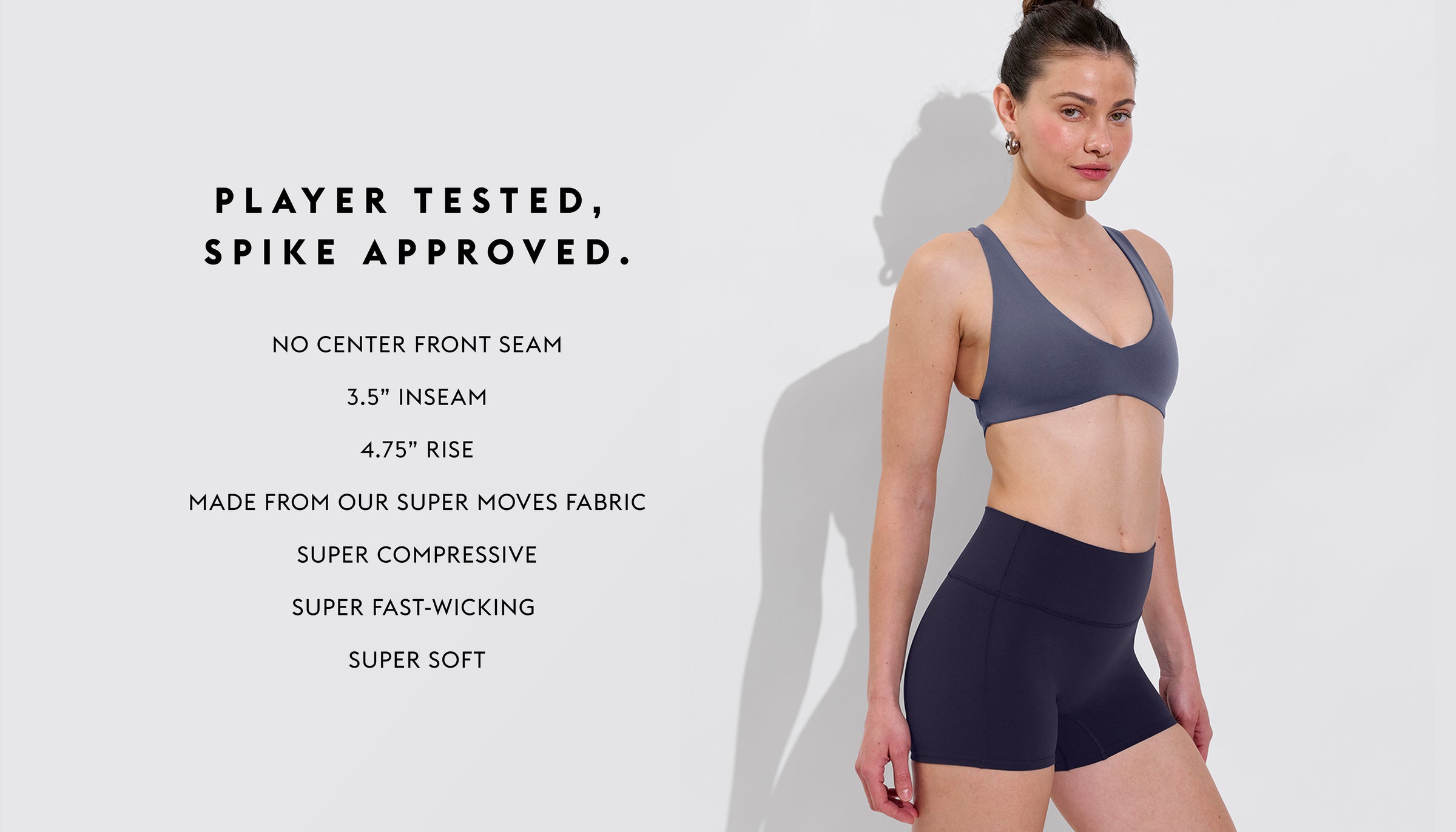 Woman in Plunge Top in Varsity and Ace Short in Sprint
