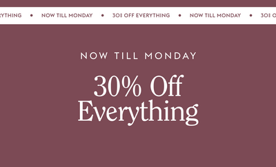 Promotional banner with '30% Off Everything' offer on a magenta background