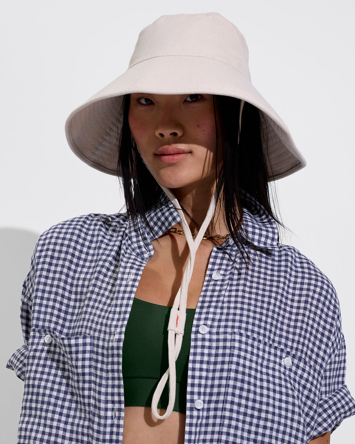Shady Bucket Hat - Sugar (Size S/M) + Getaway Button Down - Gingham: Varsity / Coconut + Double Scoop Top - Tropics (Size S)