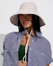 Shady Bucket Hat - Sugar (Size S/M) + Getaway Button Down - Gingham: Varsity / Coconut + Double Scoop Top - Tropics (Size S)