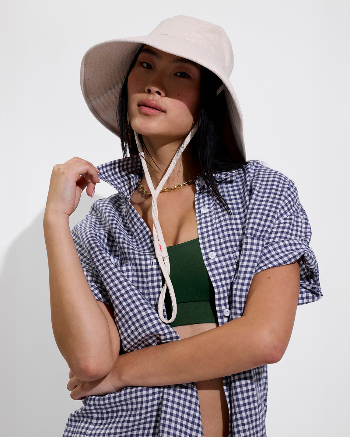 Shady Bucket Hat - Sugar (Size S/M) + Getaway Button Down - Gingham: Varsity / Coconut + Double Scoop Top - Tropics (Size S)