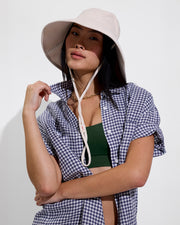 Shady Bucket Hat - Sugar (Size S/M) + Getaway Button Down - Gingham: Varsity / Coconut + Double Scoop Top - Tropics (Size S)