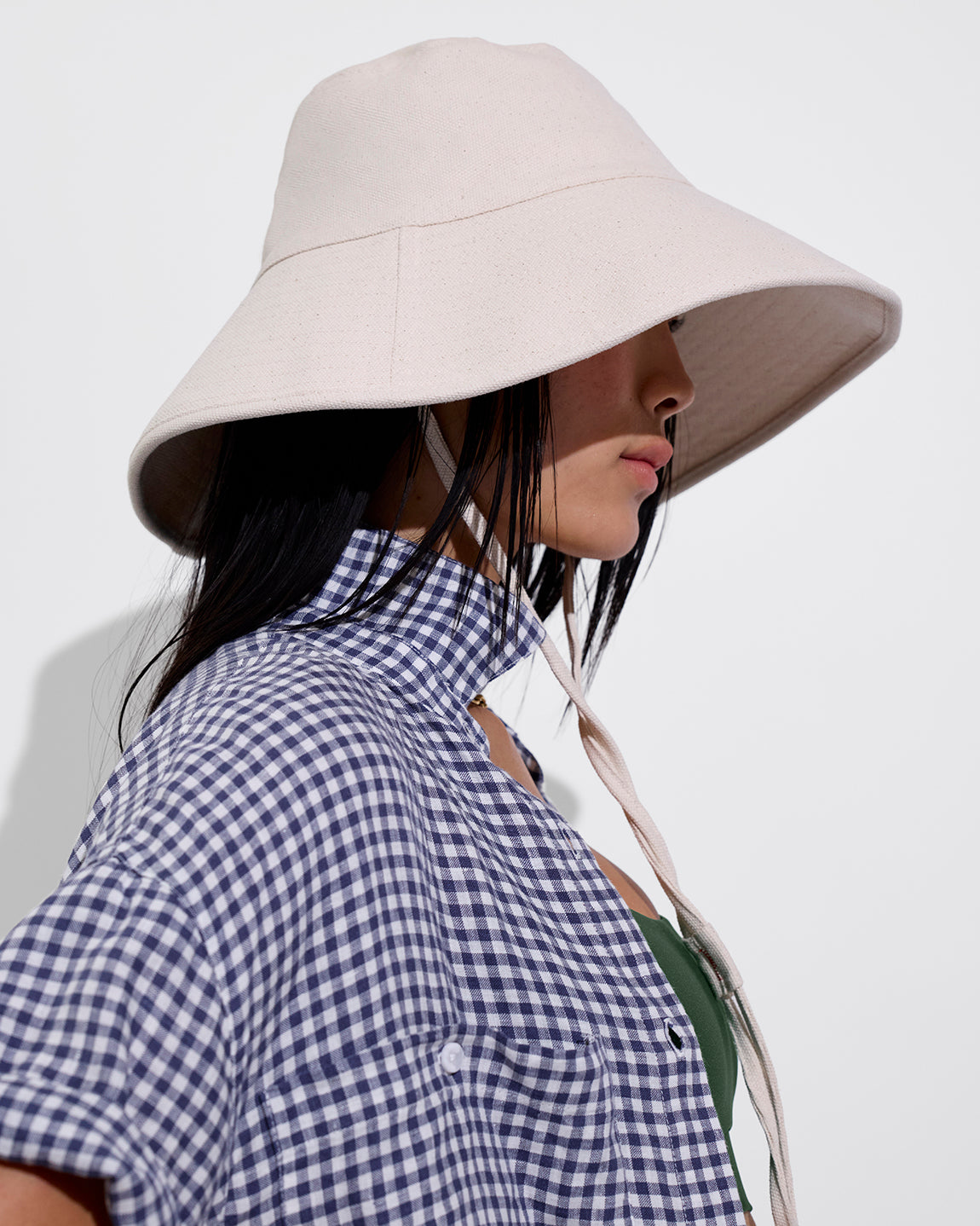 Shady Bucket Hat - Sugar (Size S/M) + Getaway Button Down - Gingham: Varsity / Coconut + Double Scoop Top - Tropics (Size S)