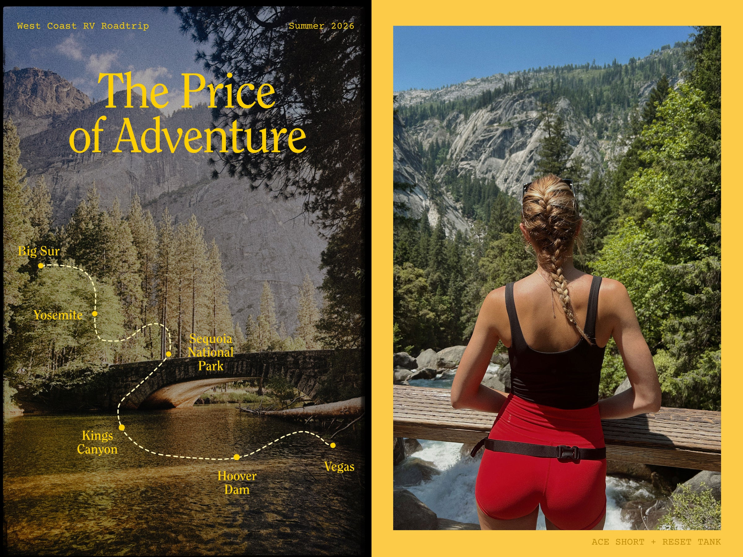 A split-panel promotional image with a scenic mountain-and-river landscape on the left under the headline 'The Price of Adventure,' overlaid with dotted route labels and a map. The right panel shows a woman from behind wearing a the replay tank in jet and ace short in sweet chili heat, standing on a wooden bridge in a forested mountain valley. 