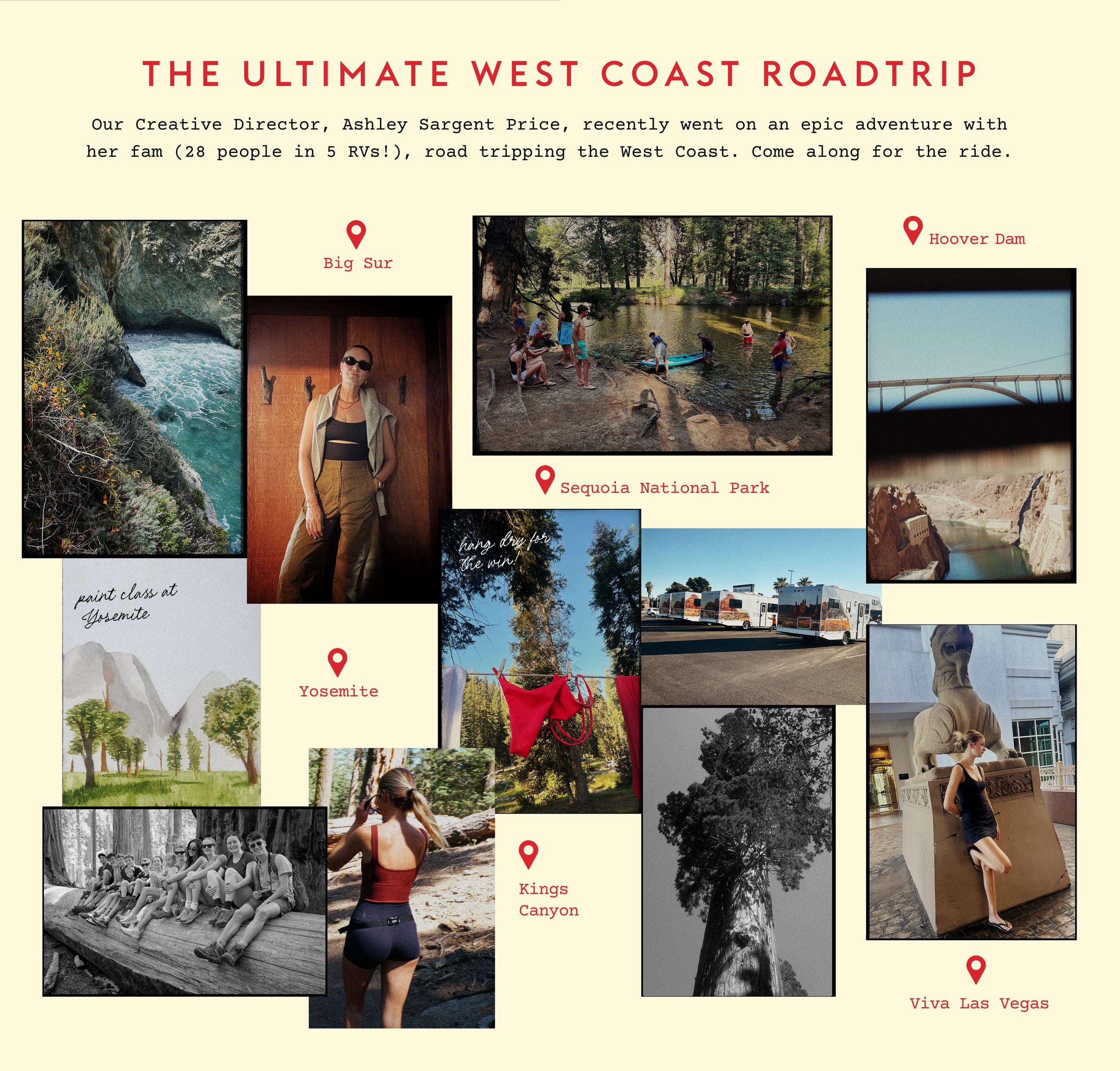 A collage-style travel poster titled 'THE ULTIMATE WEST COAST ROADTRIP' with multiple travel photos, location pins, and text references including Big Sur, Sequoia National Park, Toysmith, Kings Canyon, Hoover Dam, and Viva Las Vegas on a cream background.