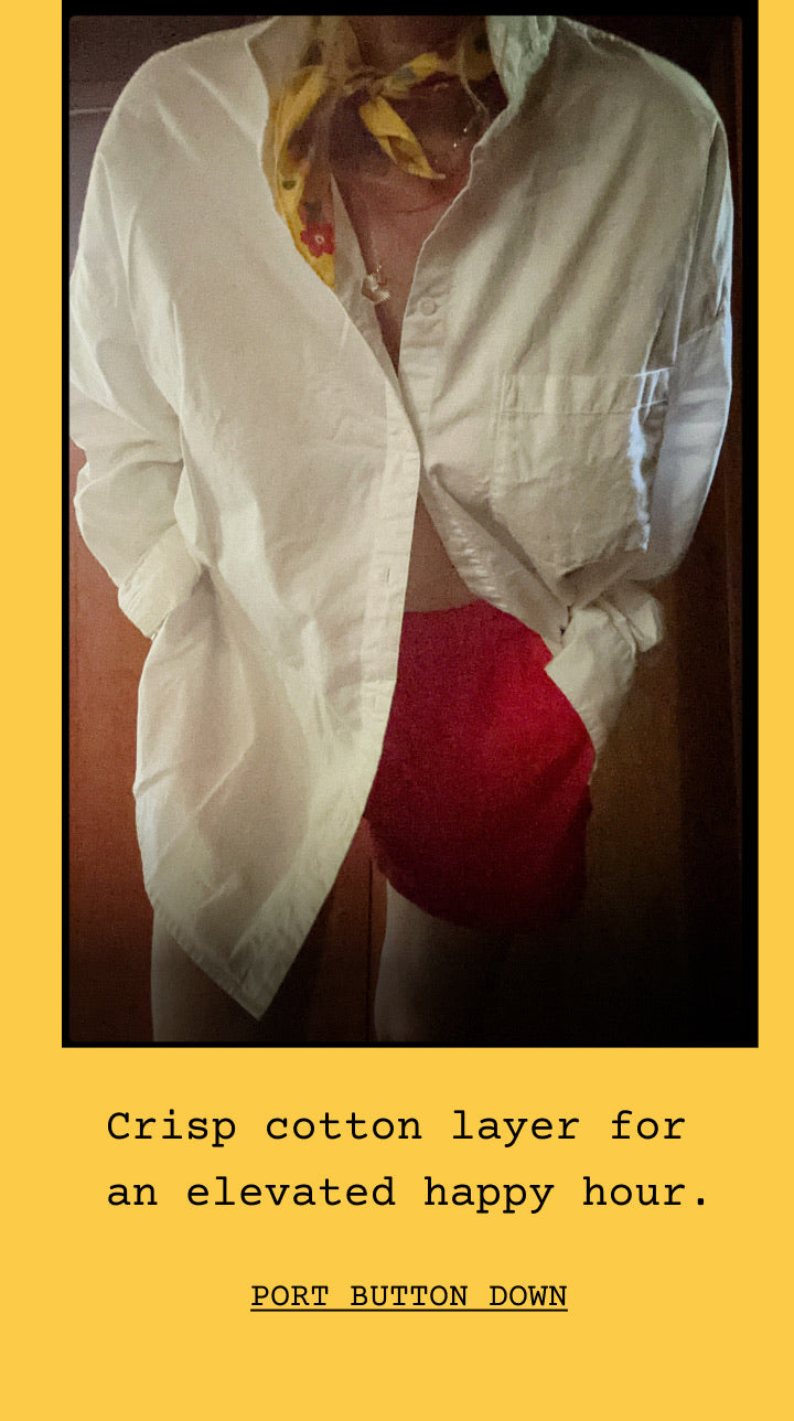 Woman wearing Port Button Down in Coconut 