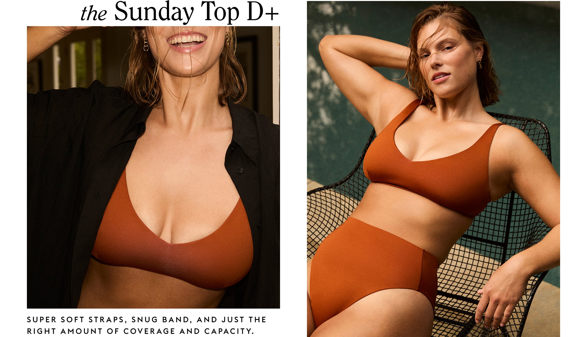 A split-screen promotional image for Sunday Top D+ and Hi Hi Bottom in Bronze. The left panel shows a smiling woman wearing a warm rust-brown underwire bra with a black shirt open behind her; the right panel shows the matching rust-brown bra and high-waisted bottoms on a seated woman.