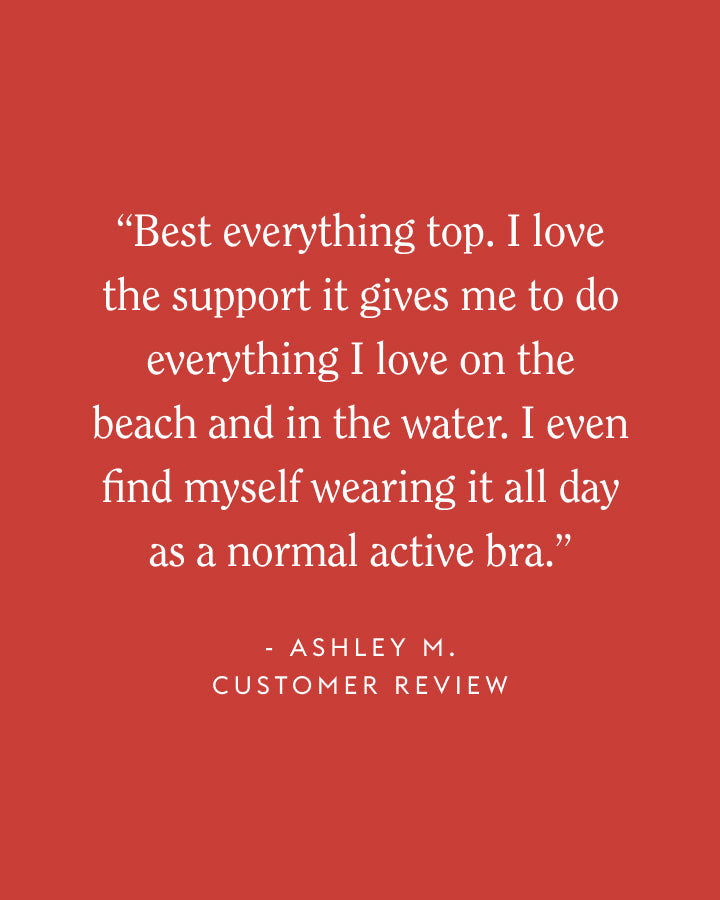 A red square graphic with a white customer review quote attributed to Ashley M., centered on a solid red background.