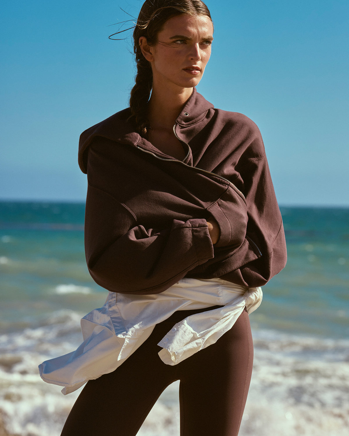 Beach Side Hoodie + Super Moves Tight - Cold Brew modelled by the water