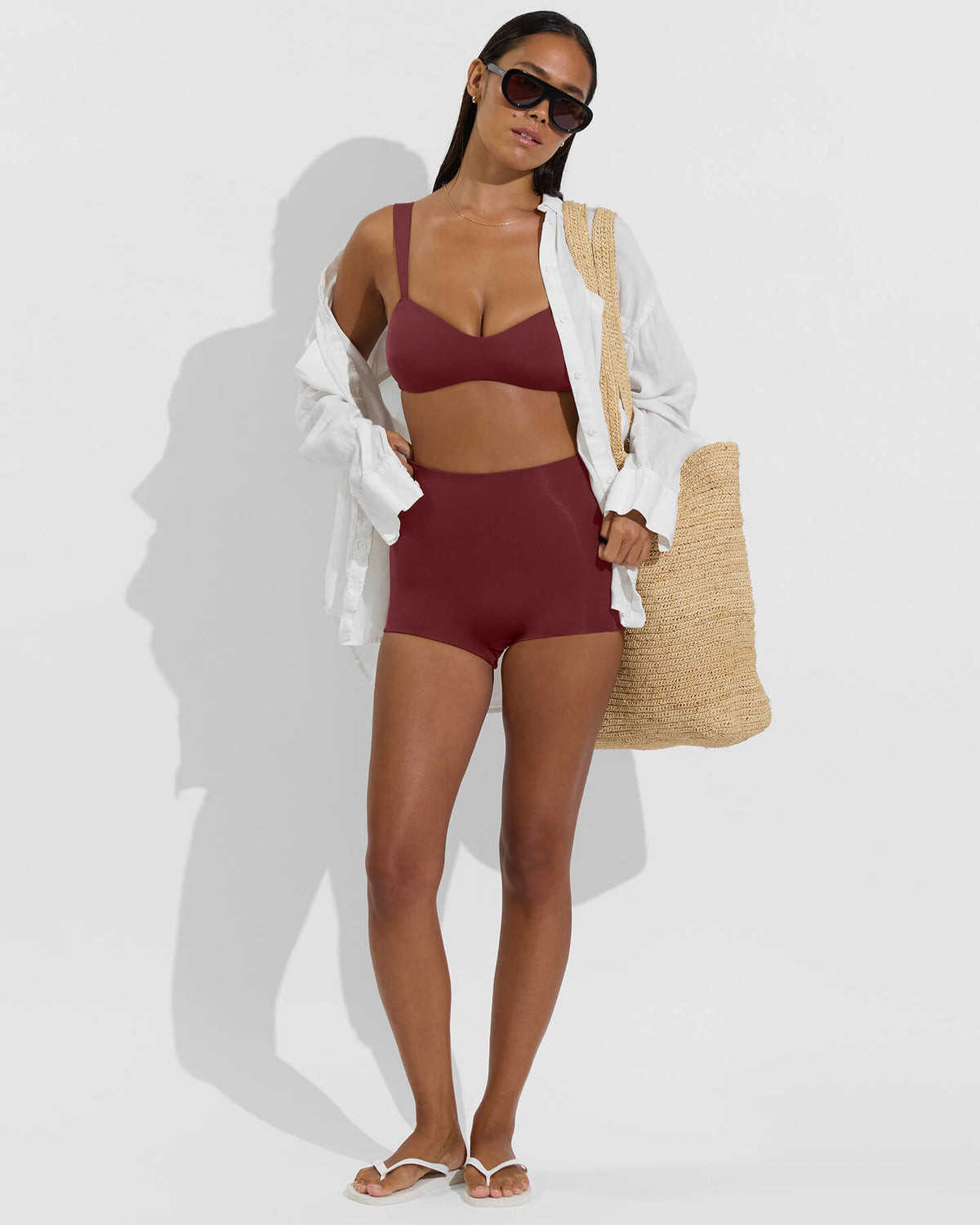 La plage top paired with hi line shortie in jam and port button down in coconut