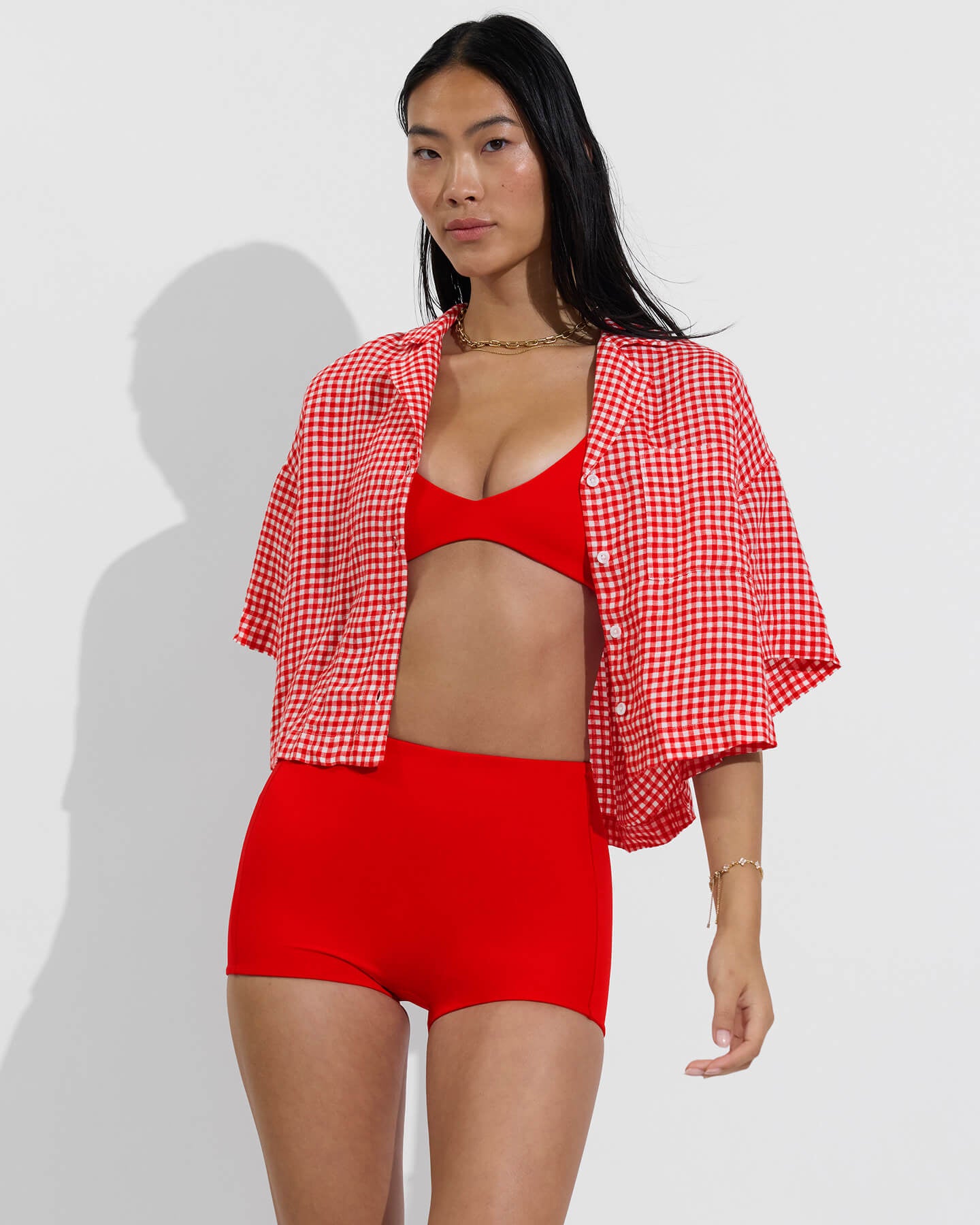 Plunge Top + Hi Line Shortie in Sweet Chili Heat paired with Leisure Shirt in Gingham: Sweet Chili Heat and Coconut
