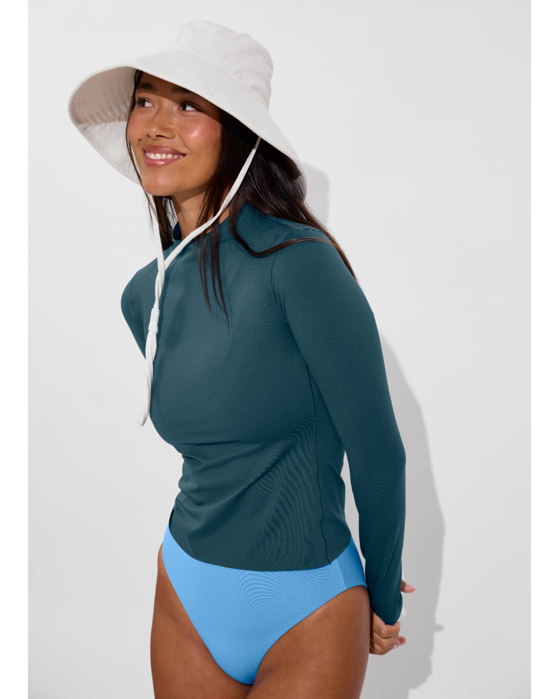 Rays Long Sleeve Top *Long - Deep End + Hi Hi Bottom - Point Break (Size S) + Shady Bucket Hat - Sugar (Size S/M)