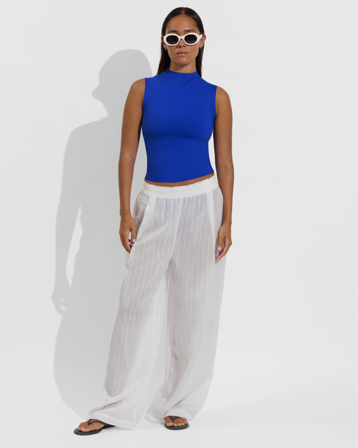 Rays Sleeveless Top *Long - First Place + Day Trip Pant: Sheer Stripe - Coconut Stripe (Size S)