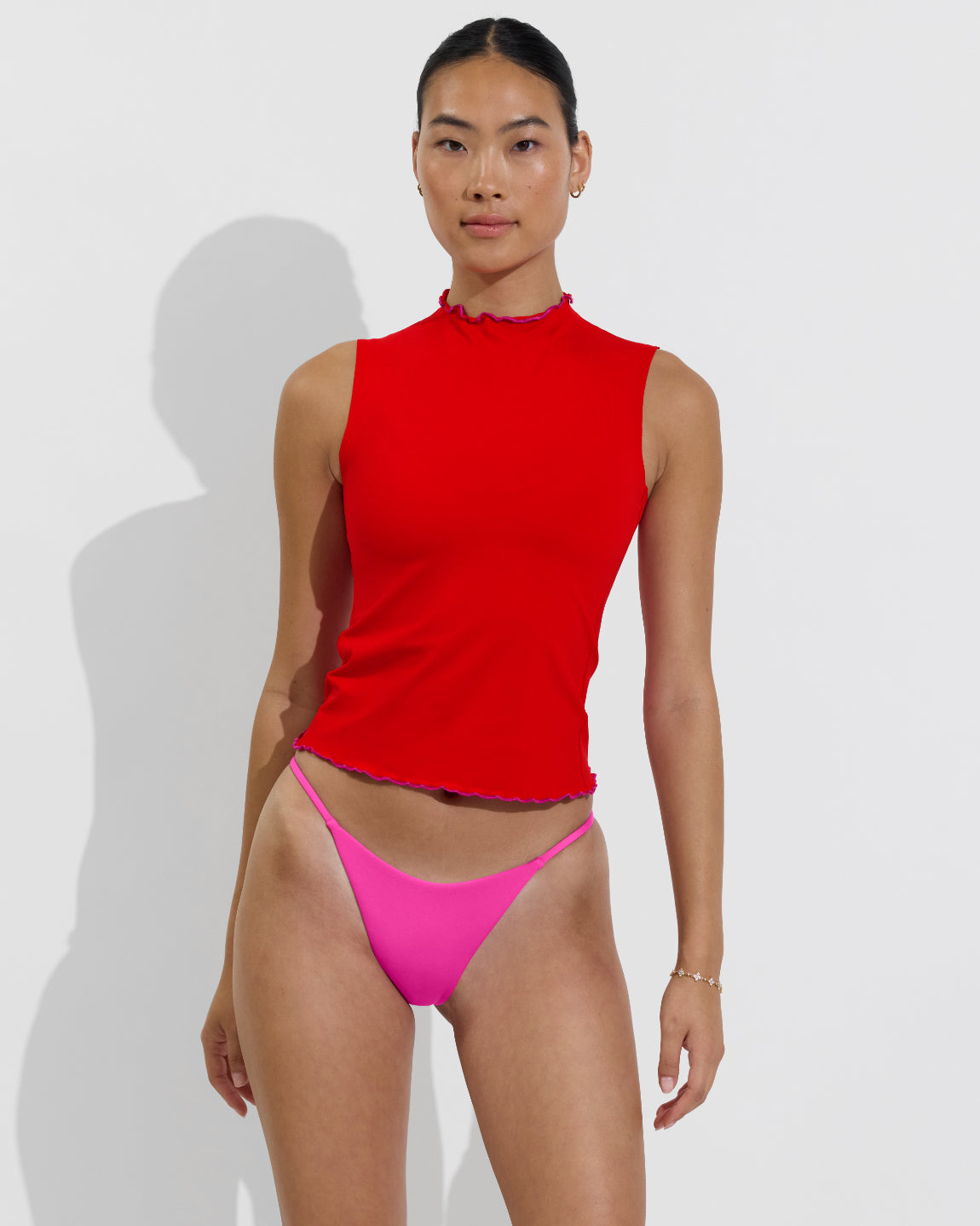 Rays Sleeveless Top *Long *Wavy - Sweet Chili Heat / Hot + Skinny Dip Bottom - Hot (Size S)