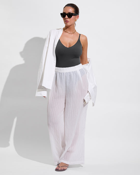 Sunday Suit D+ - Eclipse (34DD, Size L) + Port Button Down + Day Trip Pant *Sheer Stripe - Coconut (Size L) 