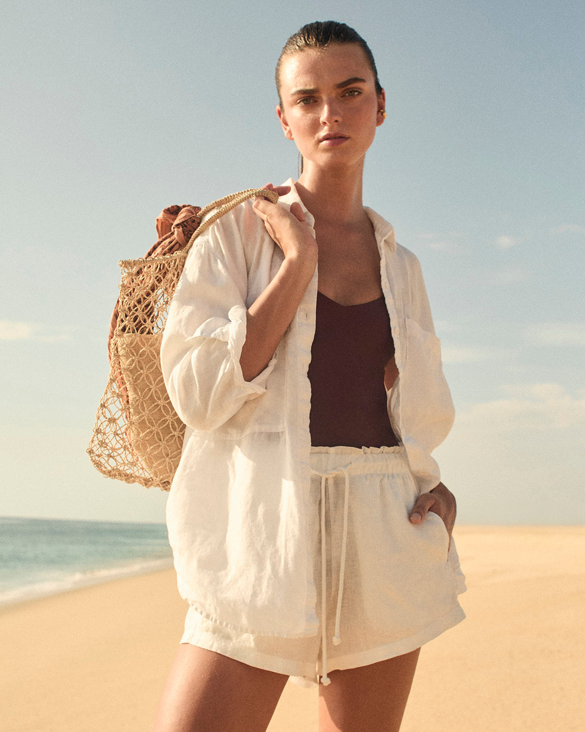 White linen shirt beach on sale