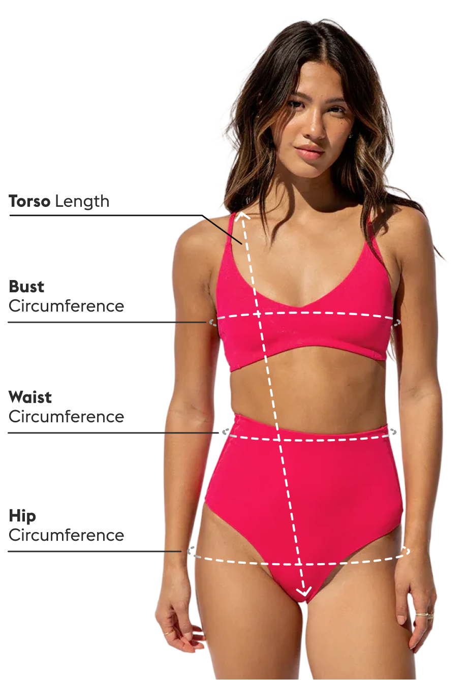 Woman wearing a pink swimsuit with measurement labels on a white background